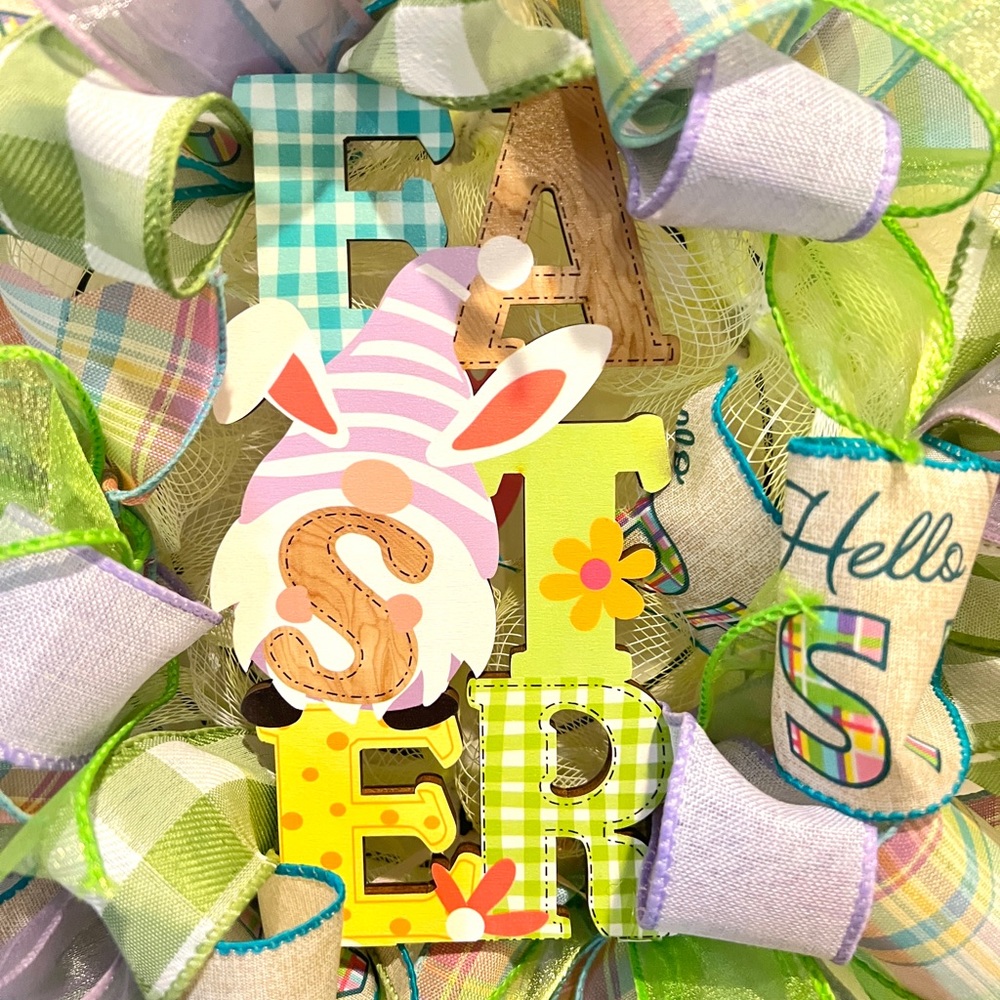 13” Ribbon Wreath "EASTER " Gnome Sign Hello Spring Handmade MW7 - Picture 11 of 11